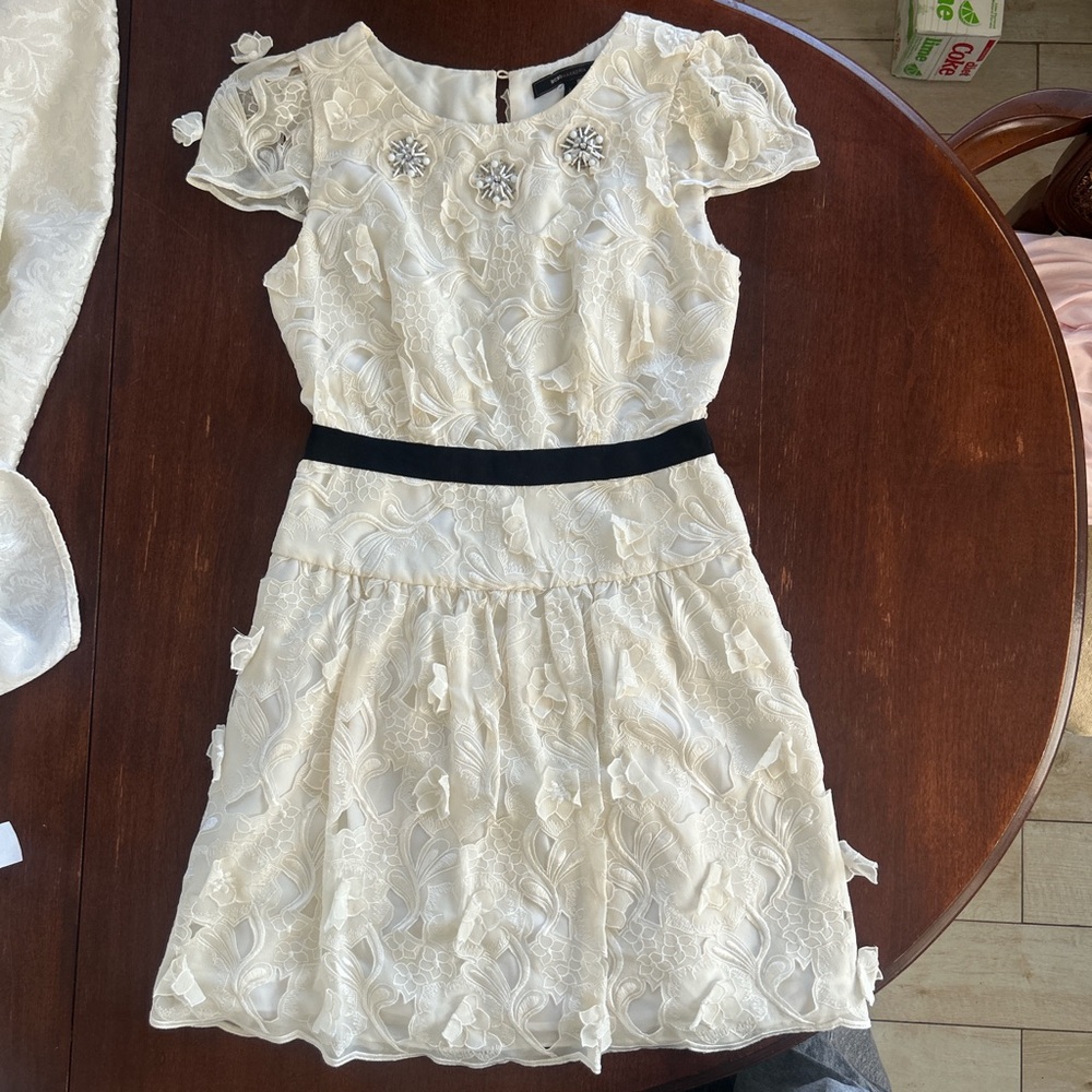 BCBG Max Azria ivory silk dress with a black belt and embellished accents 06